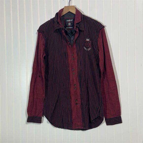 Fable Jeans XL Red Black Striped Button Down Shirt Embroidered Crest Streetwear - Picture 1 of 9